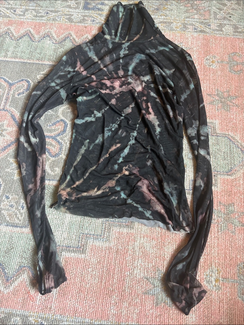 AFRM Black Sheer Long Sleeve Turtleneck with Pink and Teal Tie-Dye
